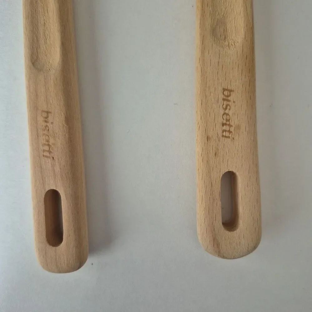 Bisetti Natural Wood Slotted Spoon and Fork Set Kitchen Utensils 13 IN Italy
